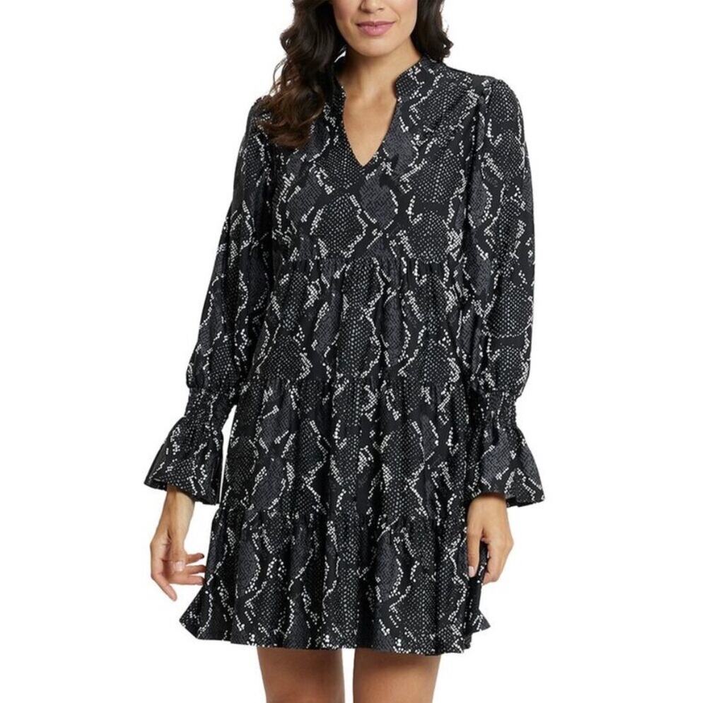 Jude Connally Tammi Tiered Mini Dress Black Snake Print Size XL